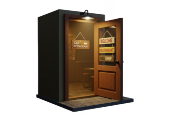 Pixel Art Cafe Entrance Wooden Door Open With Illuminated Interior