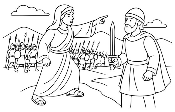 Deborah guiding barak in biblical battle scene for educational use
