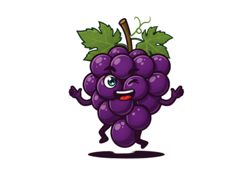 Pixel Art Cartoon Grapes Illustration Smiling and Winking on Black Isolated Background