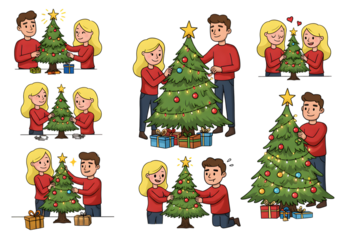 Pixel Art Christmas Tree Decoration By Happy Couple Isolated on Transparent Background