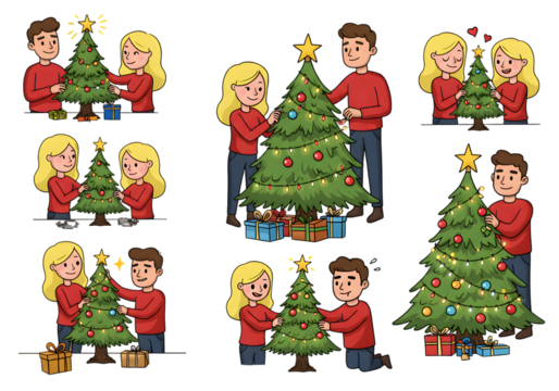 Pixel Art Christmas Tree Decoration By Happy Couple Isolated on Transparent Background
