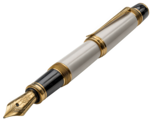 Elegant fountain pen with gold accents, black and white body, luxury writing instrument, classic stationery for office or school, isolated on transparency background