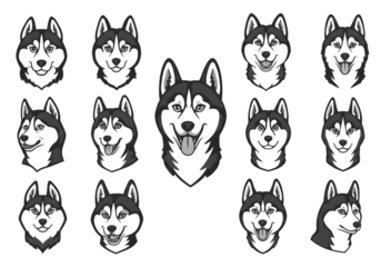 Pixel Art Collection Of Happy Husky Dog Heads Portraits On Transparent Background