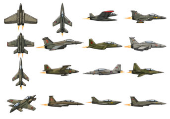 Pixel Art Collection Of Military Aircraft In Various Angles Isolated Background