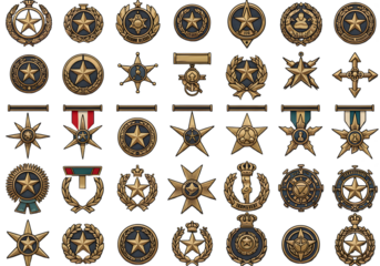 Pixel Art Collection Of Golden Star Badges And Medals Isolated on Black Background