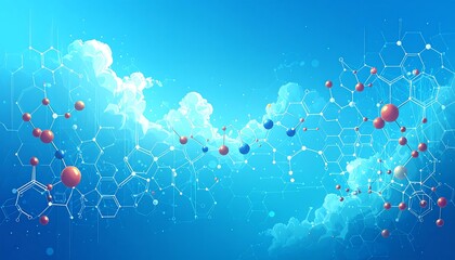 Abstract scientific illustration of molecules against a vibrant sky