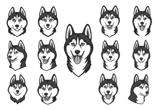 Pixel Art Collection Of Happy Husky Dog Heads Portraits On Transparent Background