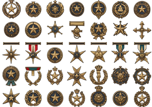 Pixel Art Collection Of Golden Star Badges And Medals Isolated on Black Background - Powered by Adobe