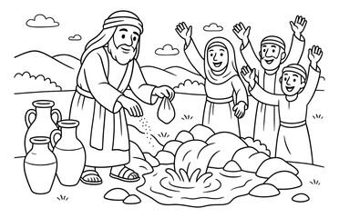 Biblical scene of elisha performing miracle at spring with joyful onlookers for coloring book design