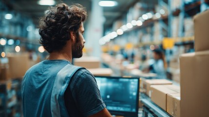 Medium view of a warehouse employee observing an AIpowered interface optimizing order packing with the busy setting gently blurred behind.
