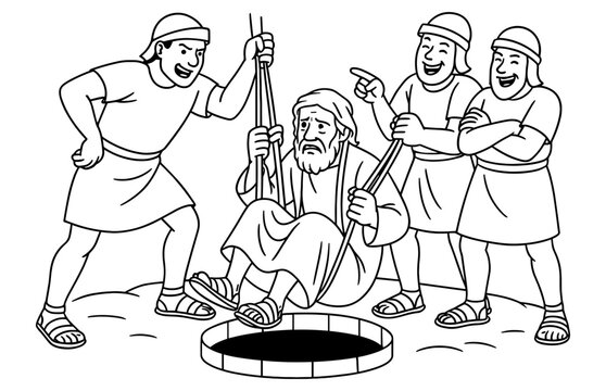 Biblical scene of jeremiah lowered into cistern amid challenge inspired by old testament stories for educational use