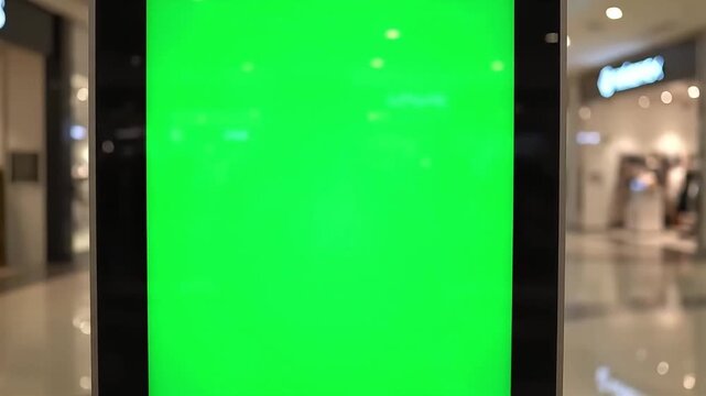 Vertical Green Screen Digital Signage Mockup in a Modern, Blurry Shopping Mall Interior