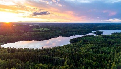 Panoramic sunset over a winding lake
