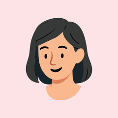 Illustration of a female avatar with short black hair in a minimalist flat design style, with a cheerful smiling expression on a plain pink background.