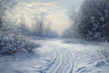 Obraz premium Winter snow landscape with winding path through frosted trees and tire tracks, cold morning atmosphere and tranquil natural beauty in quiet countryside scene