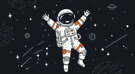 Hand-drawn illustration of a happy astronaut drifting through the cosmos