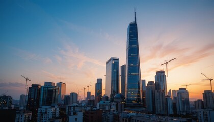 Fototapeta premium Modern Skyscrapers in Urban Skyline at Dusk