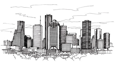 Obraz premium Black and white hand-drawn sketch of the Houston, Texas skyline. Detailed vector illustration of the modern architecture of this southern city.