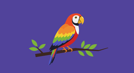 Vibrant Parrot Illustration on Branch Against Purple Backdrop