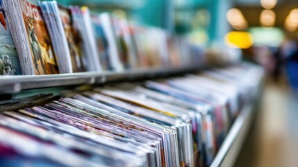 Modern newsstand shelving display emphasizing an orderly arrangement of glossy magazines the main shelf crisp and clear while surroundings remain softly blurred.