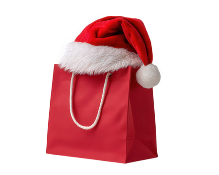 Red shopping bag with white rope handle and fluffy Santa hat, festive holiday sale concept, cheerful Christmas shopping, isolated on transparent background