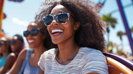 Black friends enjoying a sunny day at an amusement park.