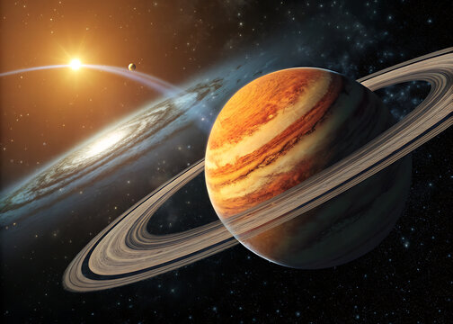 Majestic ringed planet saturn illuminated by distant star with spiral galaxy background