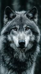 Fototapeta premium Majestic wolf: Close-up shot of a lone wolf, its piercing gaze captivating, evokes a feeling of respect and understanding towards this creature.