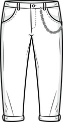 Flat sketch of men’s chain jeans, technical fashion drawing, stylish vector template, trendy rolled hem pants cad illustration