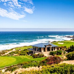 Obraz premium Coastal golf course house overlooking ocean