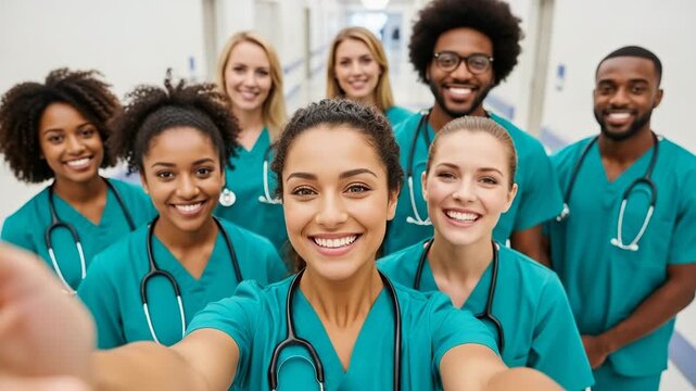 A diverse group of smiling medical professionals, including doctors and nurses, pose for a selfie in a hospital hallway