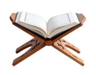 Open Holy Book on wooden stand, showcasing faith, spirituality, and religious devotion in a serene setting