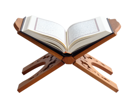 Open Holy Book on wooden stand, showcasing faith, spirituality, and religious devotion in a serene setting - Powered by Adobe
