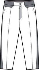 Modern casual pants design with side panels, zipper fly, front pockets, comfortable fit, tailored style, flat CAD drawing, vector illustration