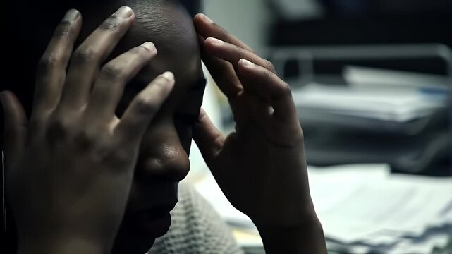 Close Up Video of African American Woman Experiencing Severe Headache with Hands Massaging Temples in Dimly Lit Office Environment Conveying Stress Frustration and Pain for Medical Health Content and