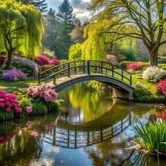 Fototapeta premium A serene garden with a bridge over a pond, surrounded by colorful azaleas and lush greenery in springtime
