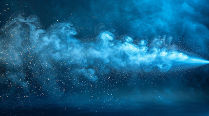 Abstract blue smoke, particles, dark background.