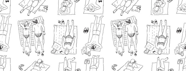 People in beach holiday, seamless pattern, summer vacation, lying on seashore, tanned, relaxing, realistic contour hand drawings, vector, background, paper, wallpaper