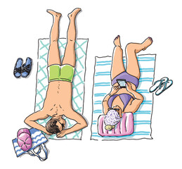 Couple young people in beach holiday, summer vacation, lying on seashore, tanned, relaxing, realistic outline hand drawings, vector illustration