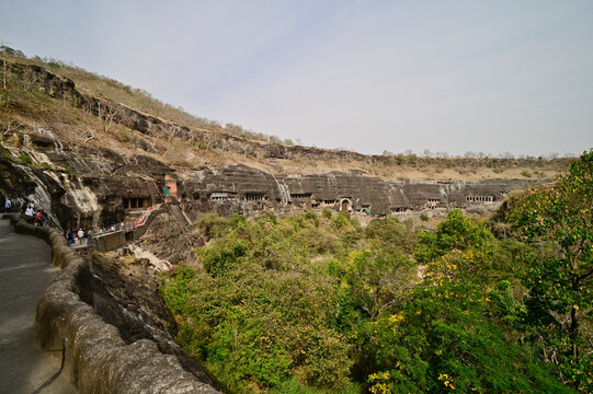 View of Ajanta cave complex, a UNESCO World Heritage Site, Maharashtra, India.