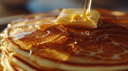 Golden syrup pouring over pancakes with a square of butter. - Powered by Adobe