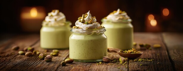 The delightful pistachio desserts in charming jars with whipped cream topping.