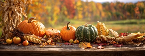 The Vibrant Display of Autumn Pumpkins and Gourds on a Rustic Table.