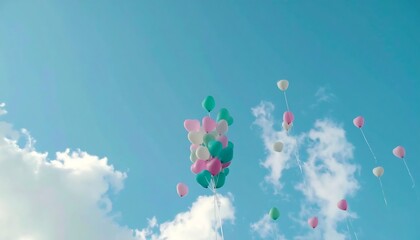 Multicolored balloons released into a bright blue sky