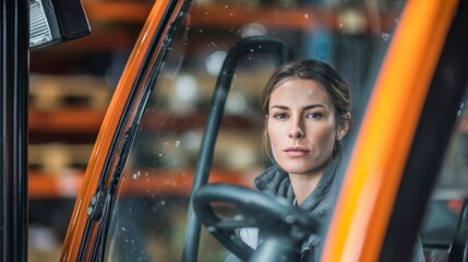 Female Forklift Operator Navigating Warehouse Environment Safely