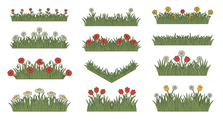 Cartoon Green Grass Borders with Flowers Set on White Background