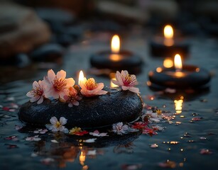 Serene floating candles with delicate flowers evoke tranquility