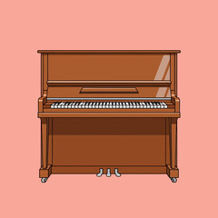 Fototapeta premium A vibrant cartoon illustration displays a classic brown upright piano with a full keyboard and pedals, perfect for musical themes, education, and creative design.