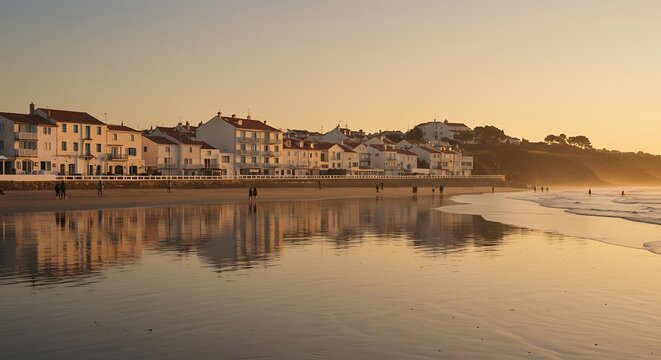 Coastal town at sunset calm water reflection