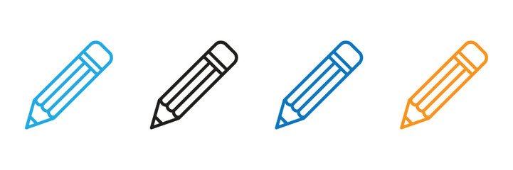 Four Colorful Pencil Icons for Graphic Design Simple, line art pencil icons in four different colors (blue, black, dark blue, and orange) against a white background.